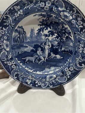 Antique blue and white transferware plate the "Villagers" pattern by Davenport